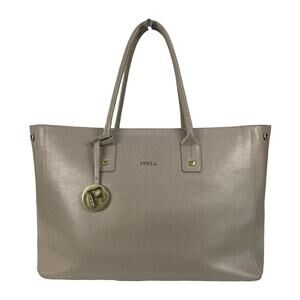 Furla Saffiano Leather Tote Shoulder Bag Gray Taupe Gold Hardware Italy